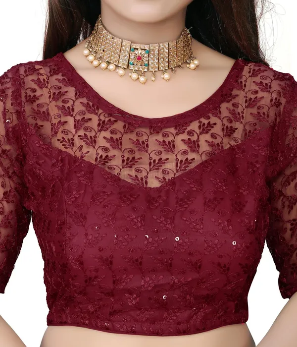 Maroon_Net_Embriodered_Round_Neck_Padded_Blouse_For_Women