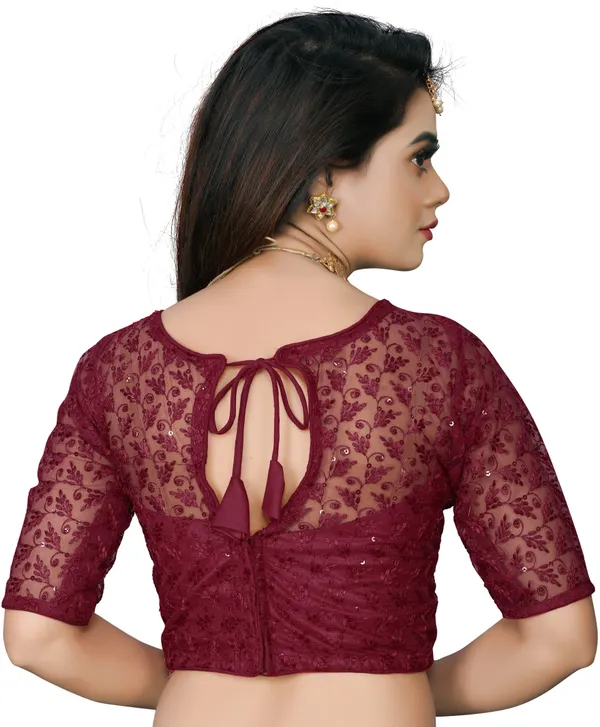 Maroon_Net_Embriodered_Round_Neck_Padded_Blouse_For_Women