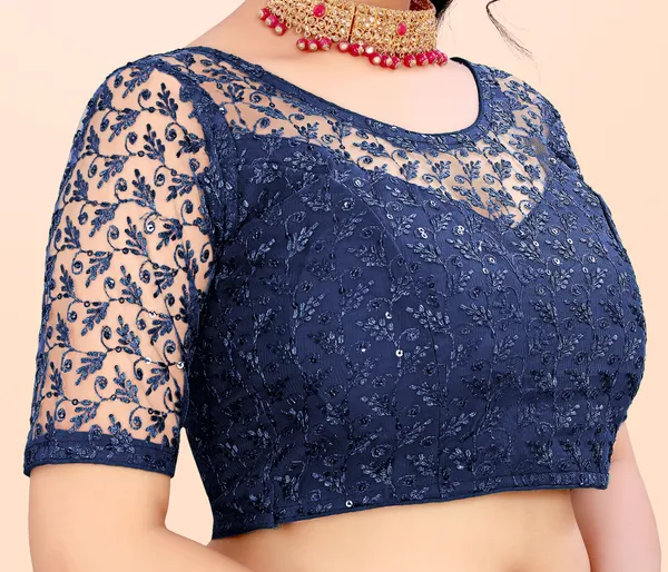 Dark_Blue_Net_Self_Design_Round_Neck_Padded_Blouse_For_Women