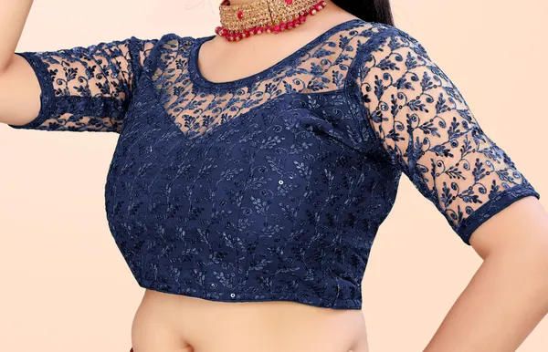 Dark_Blue_Net_Self_Design_Round_Neck_Padded_Blouse_For_Women