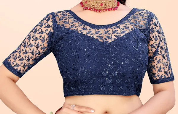 Dark_Blue_Net_Self_Design_Round_Neck_Padded_Blouse_For_Women