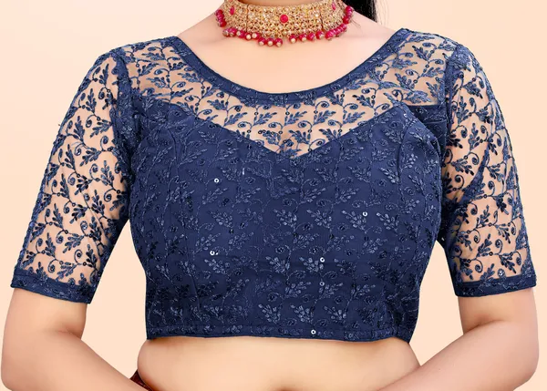 Dark_Blue_Net_Self_Design_Round_Neck_Padded_Blouse_For_Women