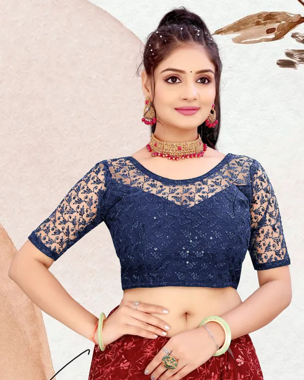 Dark_Blue_Net_Embellished_Round_Neck_Padded_Blouse_For_Women