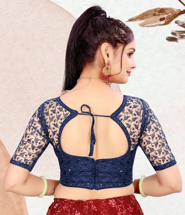 Dark_Blue_Net_Embellished_Round_Neck_Padded_Blouse_For_Women