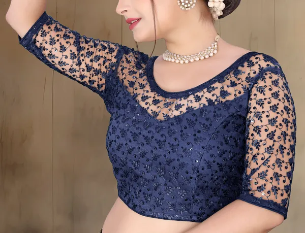 Dark_Blue_Net_Embellished_Round_Neck_Padded_Blouse_For_Women