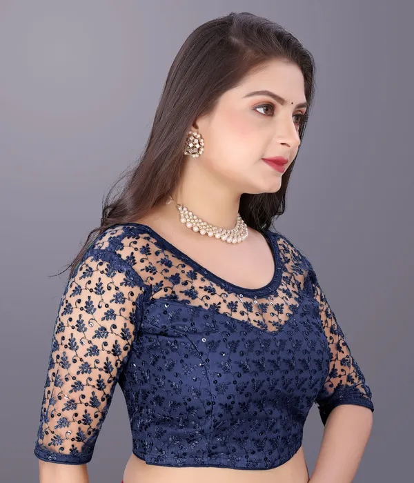 Dark_Blue_Net_Embriodered_Round_Neck_Padded_Blouse_For_Women