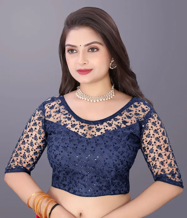 Dark_Blue_Net_Embriodered_Round_Neck_Blouse_For_Women