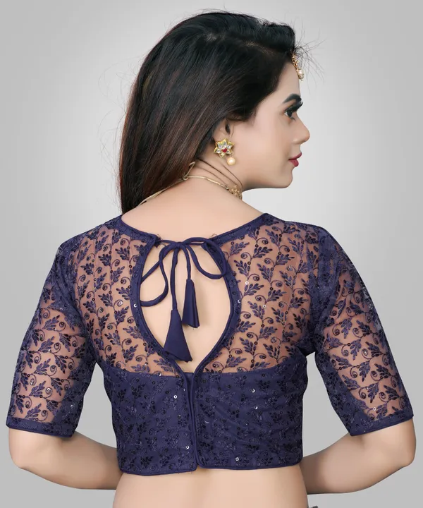 Dark_Blue_Net_Embriodered_Round_Neck_Padded_Blouse_For_Women