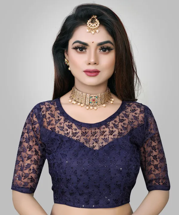 Dark_Blue_Net_Embriodered_Round_Neck_Padded_Blouse_For_Women