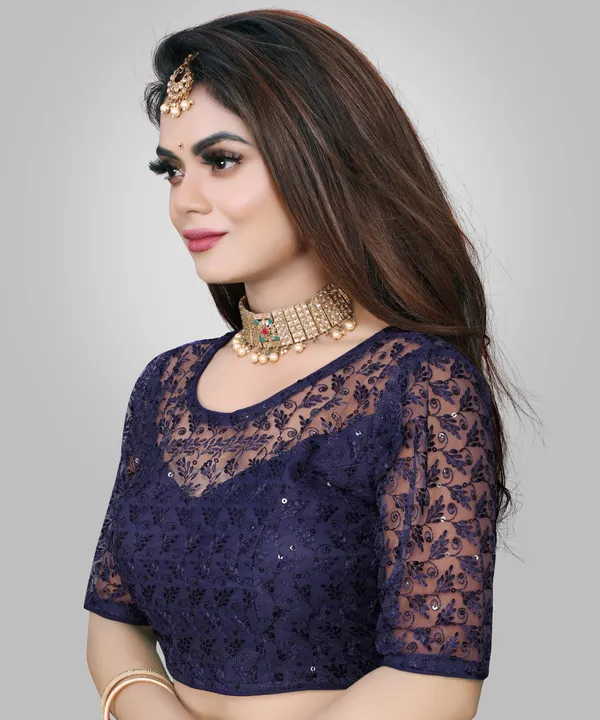 Dark_Blue_Net_Embriodered_Round_Neck_Padded_Blouse_For_Women