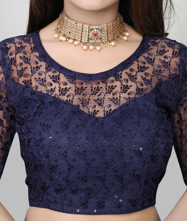 Dark_Blue_Net_Embriodered_Round_Neck_Padded_Blouse_For_Women