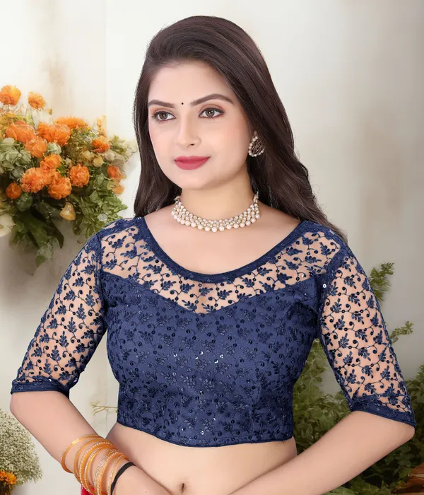 Dark_Blue_Net_Embriodered_U-Neck_Padded_Blouse_For_Women