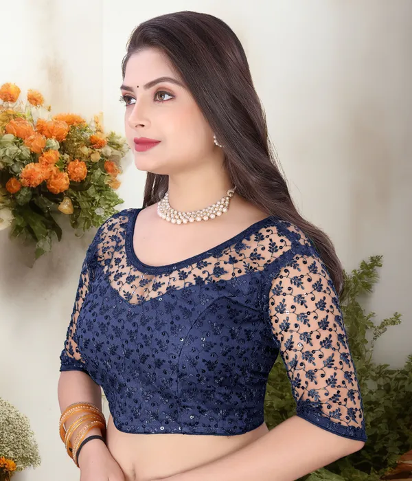 Dark_Blue_Net_Embriodered_U-Neck_Padded_Blouse_For_Women