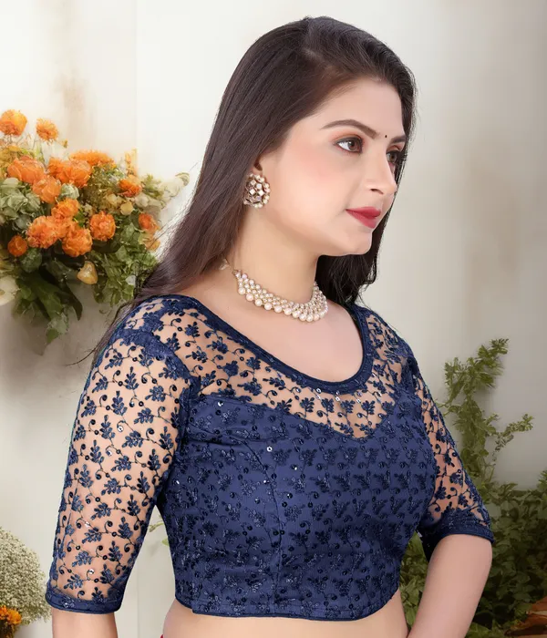 Dark_Blue_Net_Embriodered_U-Neck_Padded_Blouse_For_Women