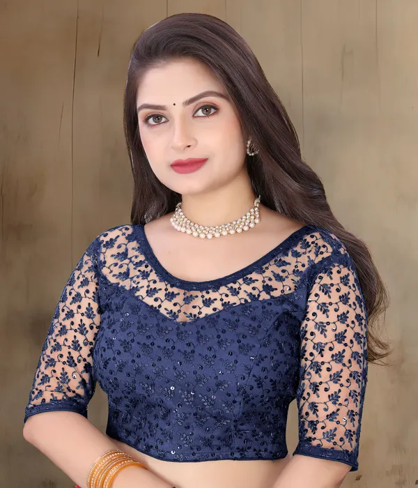 Dark_Blue_Net_Self_Design_Round_Neck_Padded_Blouse_For_Women