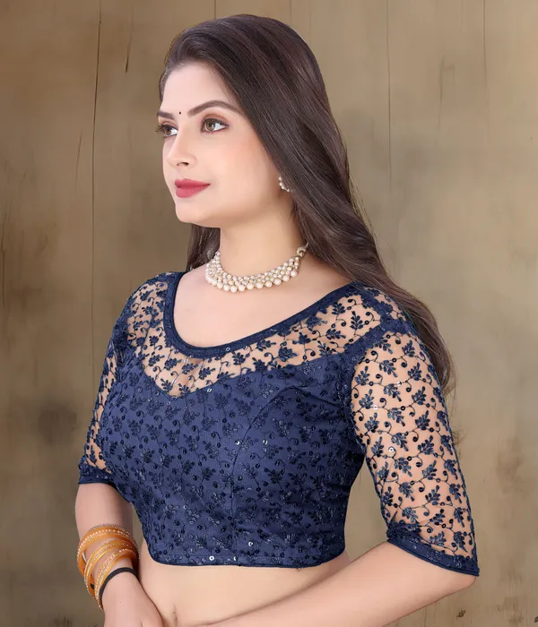 Dark_Blue_Net_Self_Design_Round_Neck_Padded_Blouse_For_Women