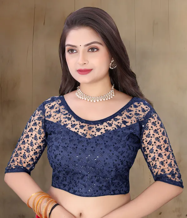 Dark_Blue_Net_Self_Design_Round_Neck_Padded_Blouse_For_Women