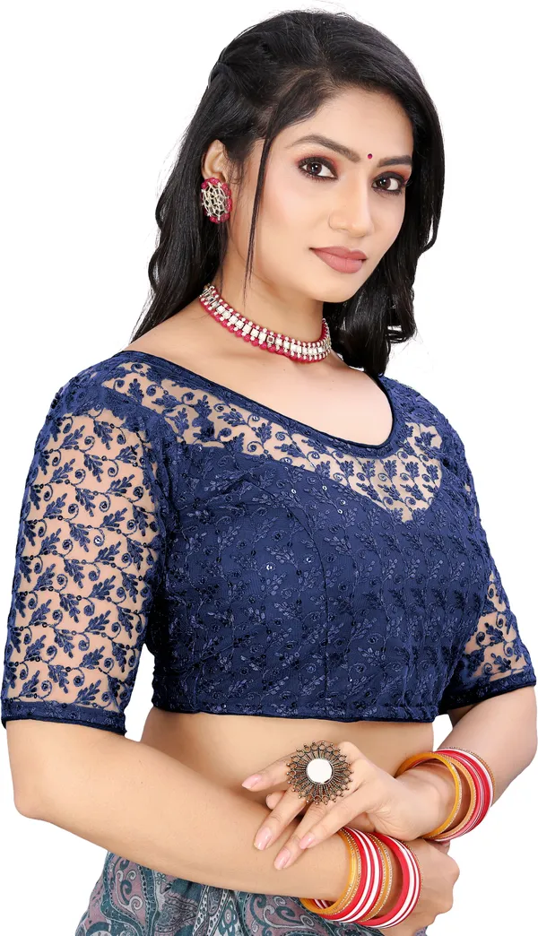 Dark_Blue_Net_Embriodered_Round_Neck_Padded_Blouse_For_Women