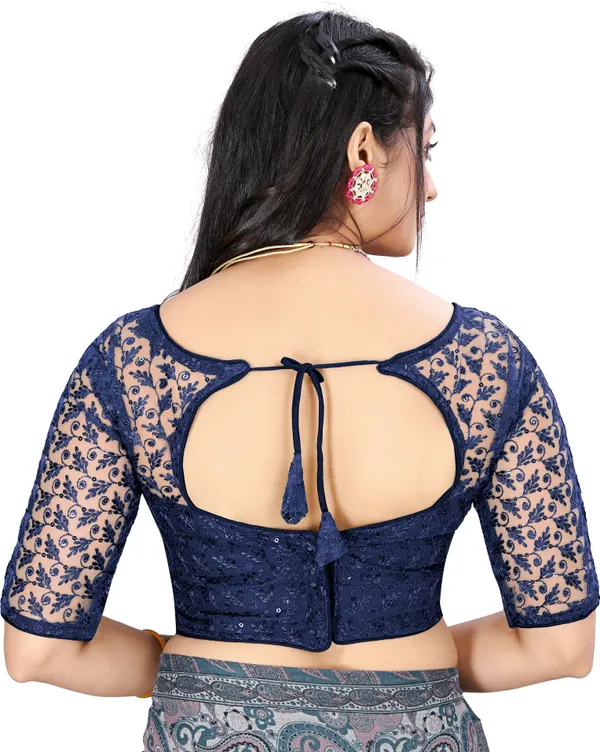 Dark_Blue_Net_Embriodered_Round_Neck_Padded_Blouse_For_Women