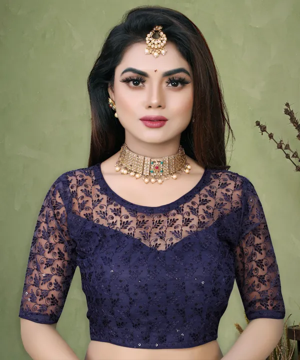 Dark_Blue_Net_Embellished_Round_Neck_Padded_Blouse_For_Women