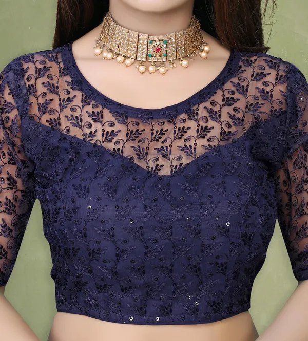 Dark_Blue_Net_Embellished_Round_Neck_Padded_Blouse_For_Women