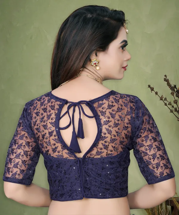 Dark_Blue_Net_Embellished_Round_Neck_Padded_Blouse_For_Women