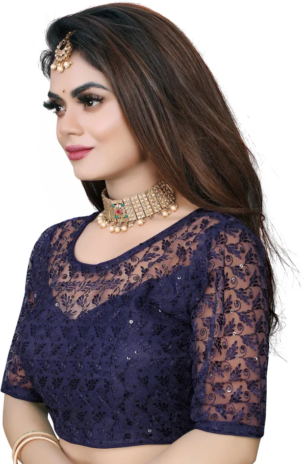 Dark_Blue_Net_Embriodered_Round_Neck_Padded_Blouse_For_Women
