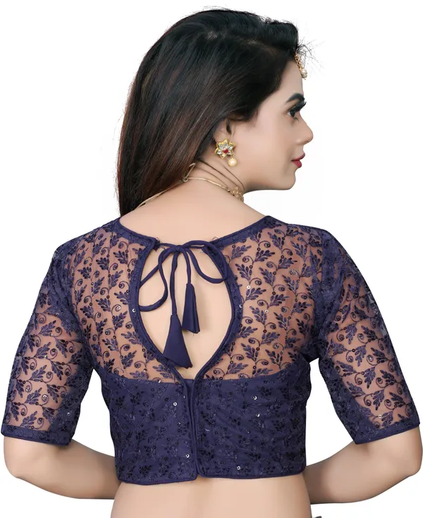 Dark_Blue_Net_Embriodered_Round_Neck_Padded_Blouse_For_Women