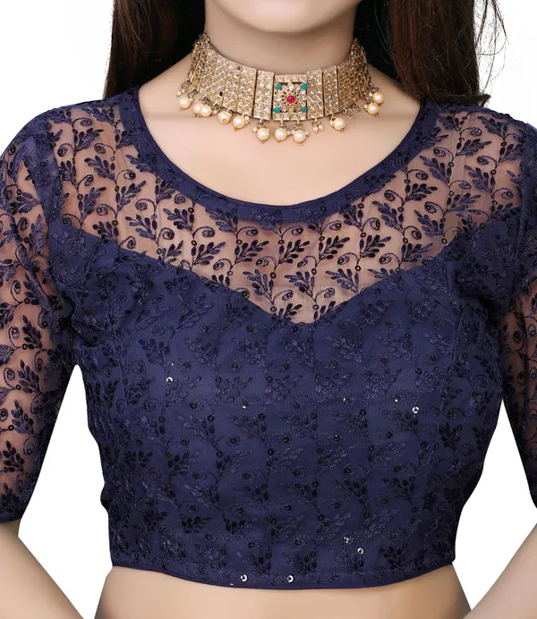 Dark_Blue_Net_Embriodered_Round_Neck_Padded_Blouse_For_Women