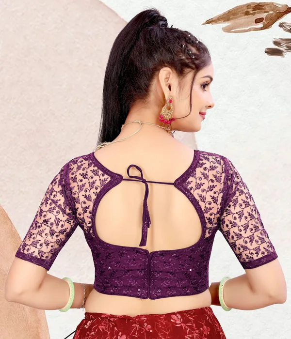 Purple_Net_Embriodered::Embellished_Round_Neck_Padded_Blouse_For_Women