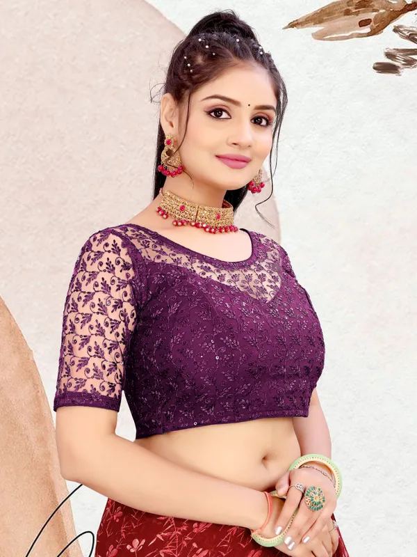 Purple_Net_Embriodered::Embellished_Round_Neck_Padded_Blouse_For_Women