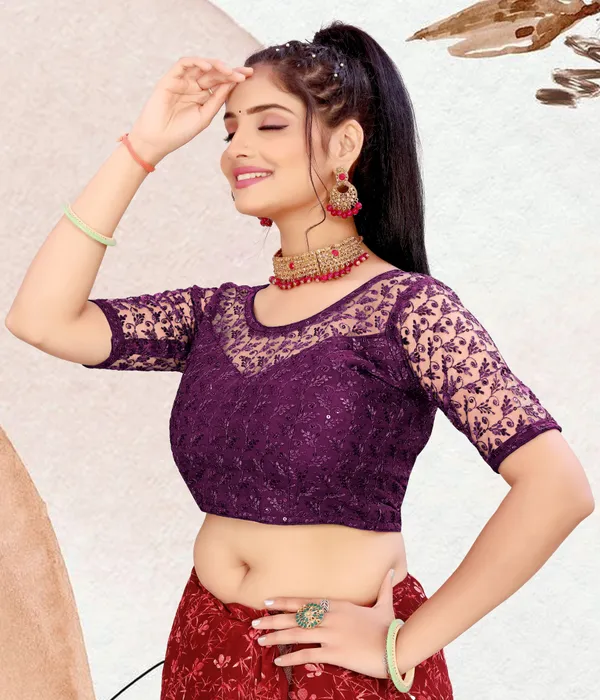 Purple_Net_Embriodered::Embellished_Round_Neck_Padded_Blouse_For_Women