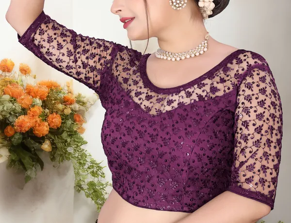 Purple_Net_Embriodered_Round_Neck_Padded_Blouse_For_Women