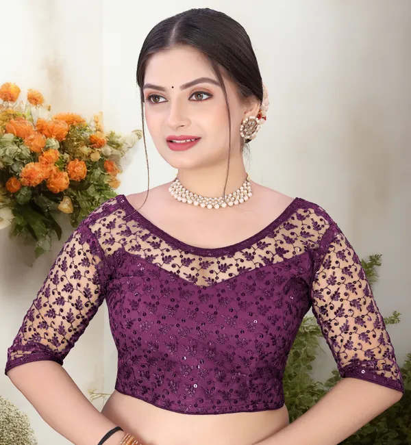 Purple_Net_Embriodered_Round_Neck_Padded_Blouse_For_Women