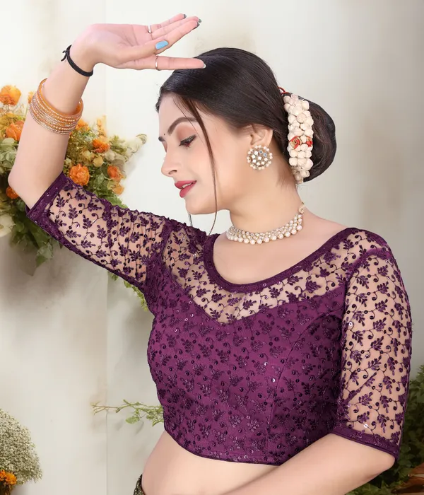 Purple_Net_Embriodered_Round_Neck_Padded_Blouse_For_Women