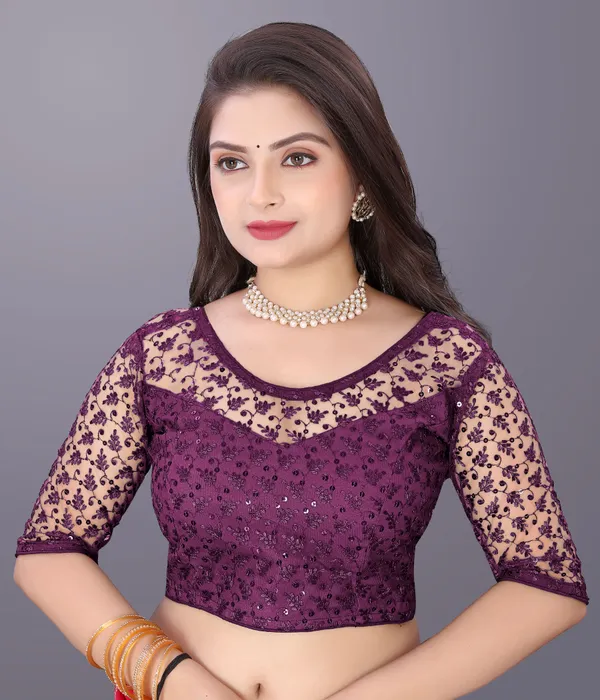 Purple_Net_Embriodered_Round_Neck_Padded_Blouse_For_Women