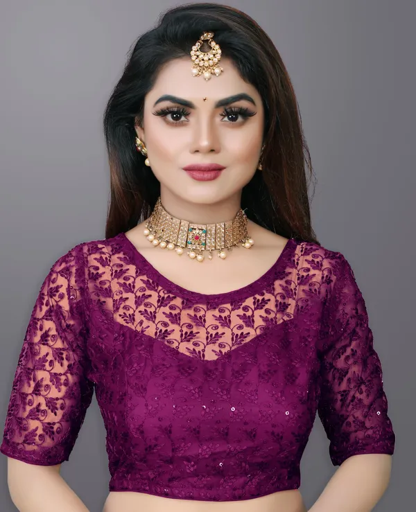 Purple_Net_Embriodered_Round_Neck_Padded_Blouse_For_Women