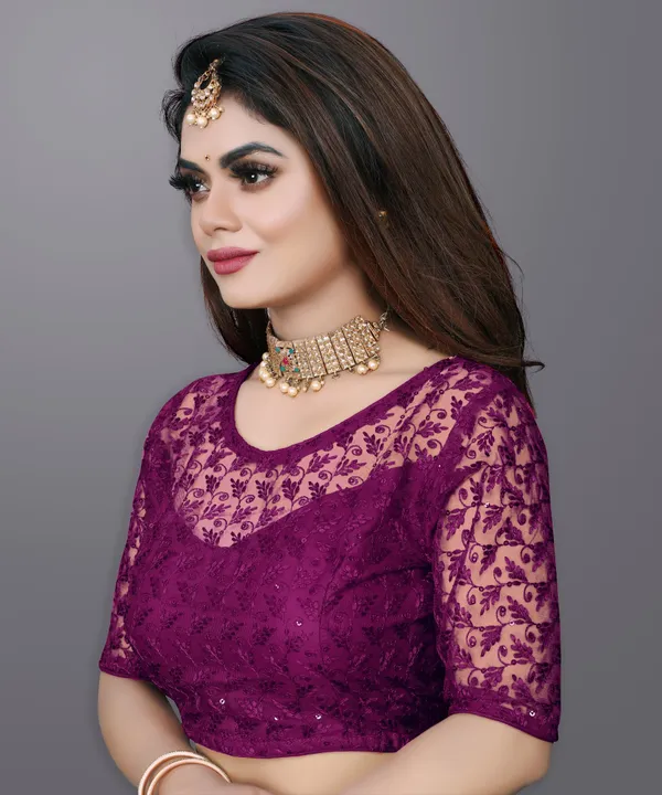 Purple_Net_Embriodered_Round_Neck_Padded_Blouse_For_Women