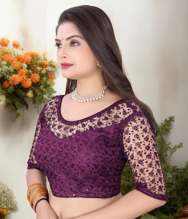 Purple_Net_Embriodered_Round_Neck_Padded_Blouse_For_Women