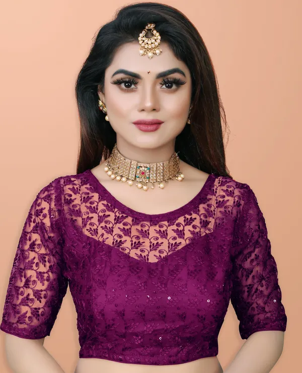 Purple_Net_Embriodered_Round_Neck_Padded_Blouse_For_Women