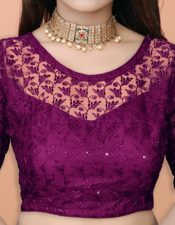 Purple_Net_Embriodered_Round_Neck_Padded_Blouse_For_Women