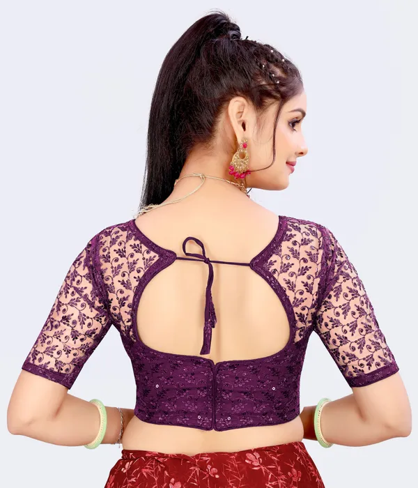 Purple_Net_Embellished::Embriodered_Round_Neck_Padded_Blouse_For_Women