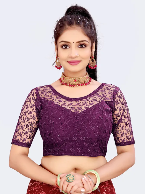 Purple_Net_Embellished::Embriodered_Round_Neck_Padded_Blouse_For_Women