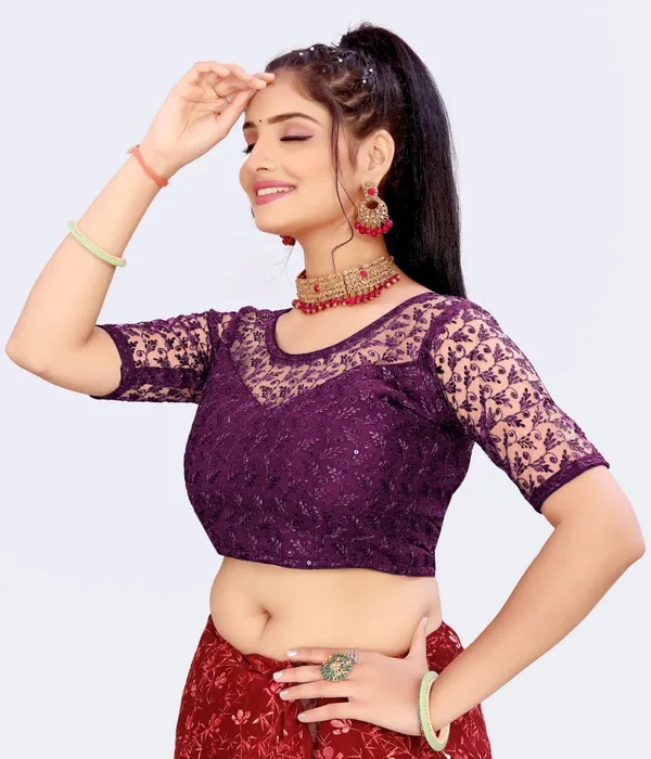 Purple_Net_Embellished::Embriodered_Round_Neck_Padded_Blouse_For_Women