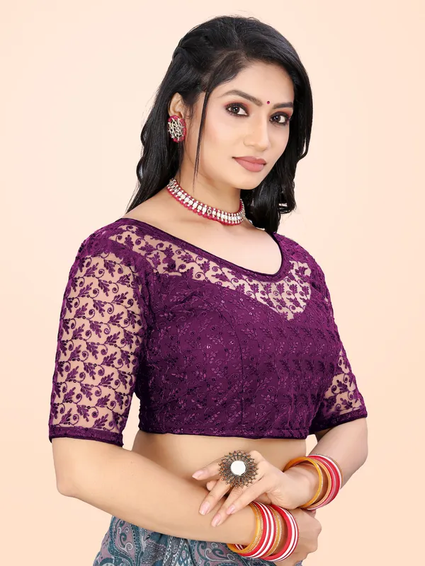 Purple_Net_Embriodered_Round_Neck_Padded_Blouse_For_Women