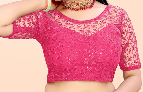 Pink_Net_Self_Design_Round_Neck_Padded_Blouse_For_Women