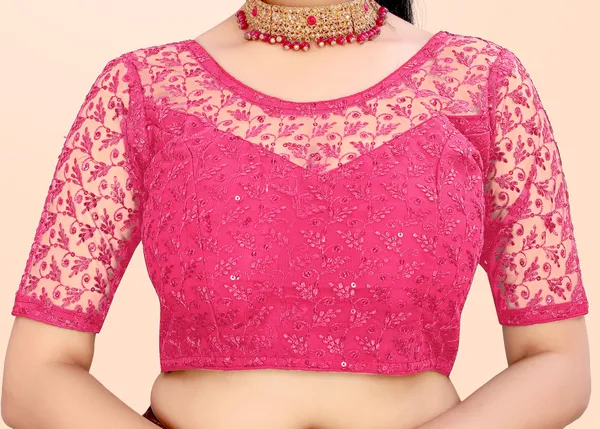 Pink_Net_Self_Design_Round_Neck_Padded_Blouse_For_Women