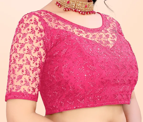 Pink_Net_Self_Design_Round_Neck_Padded_Blouse_For_Women