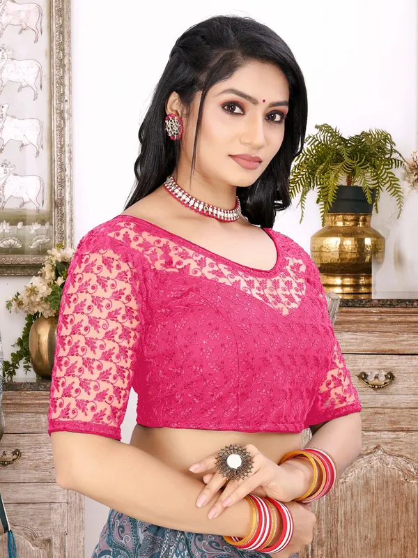 Pink_Net_Embriodered_Round_Neck_Padded_Blouse_For_Women