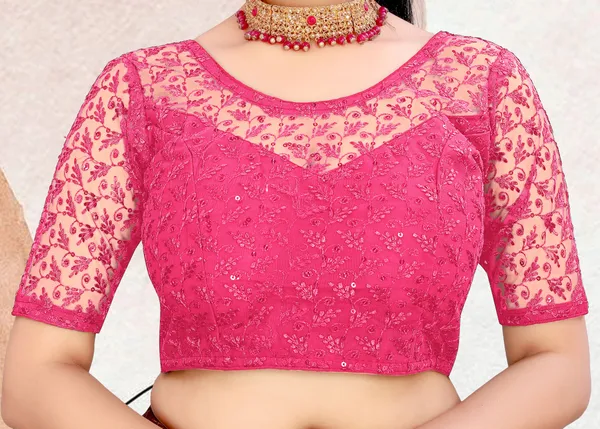 Pink_Net_Self_Design_Round_Neck_Padded_Blouse_For_Women